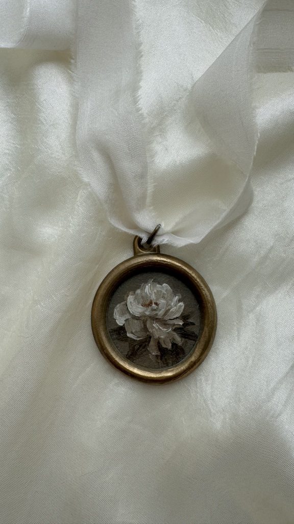 Hand Painted Pendant | Brass Frame With Silk Ribbon